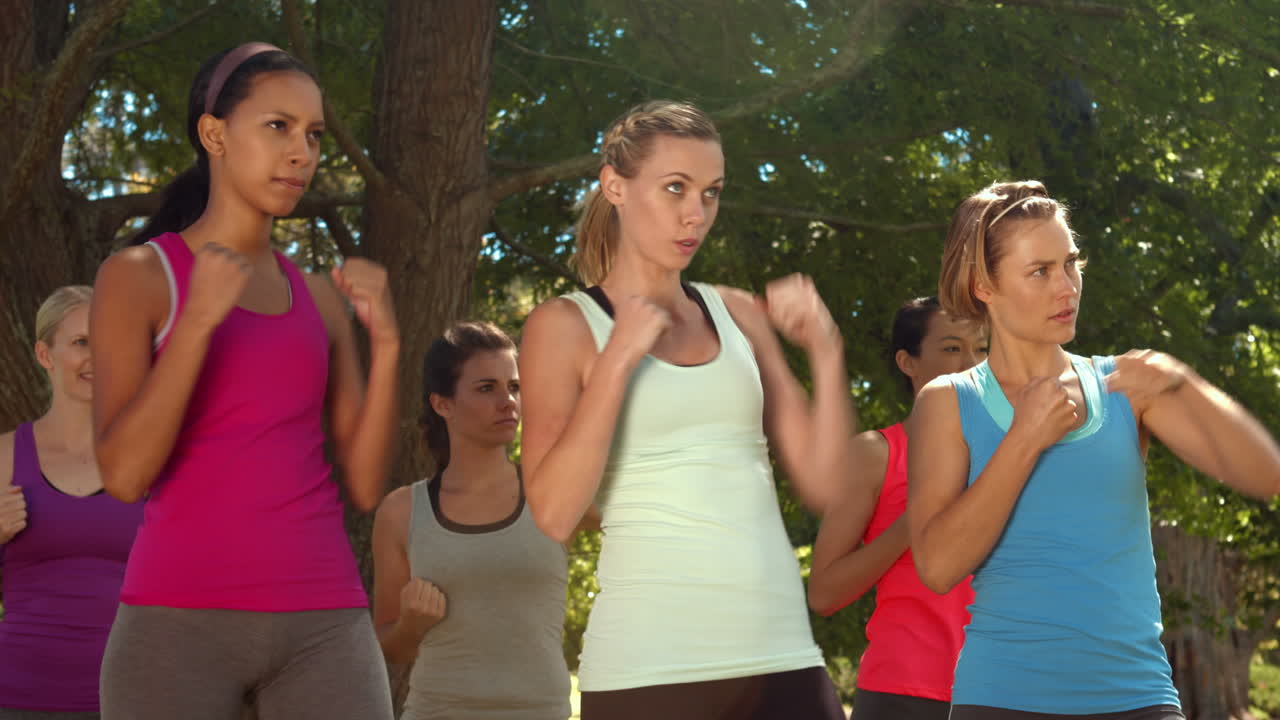 높은 품질의 형식의 피트니스 그룹이 공원에서 운동하고 있습니다.