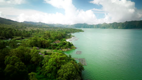 aerial over contaminated lake batur due to pesticides and agricultural runoff