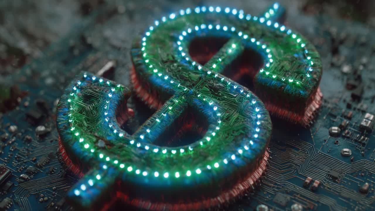 Illuminated Dollar Sign on Circuit Board: A Fusion of Finance and Technology Showcasing the Intersection of Currency and Digital Innovation