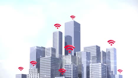 animation of multiple red wifi symbols over network of connections and cityscape