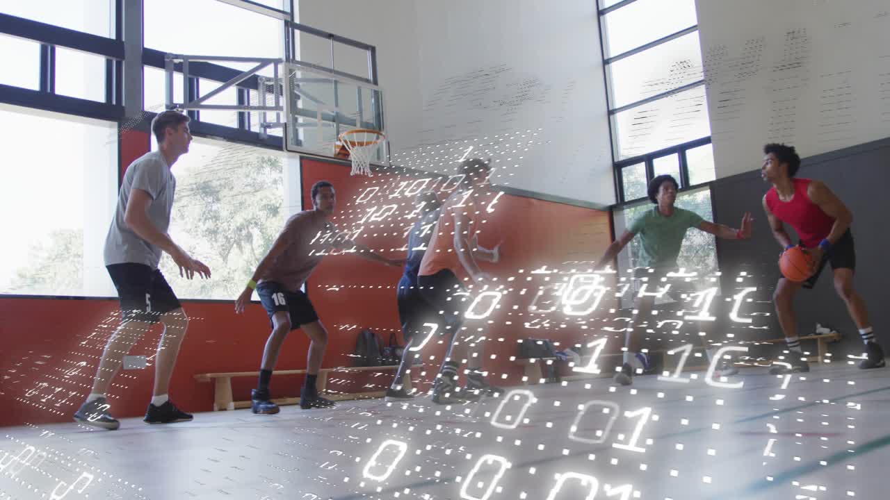 Shooter in red taking jump shot while defenders contesting and chasing rebound in basketball drill