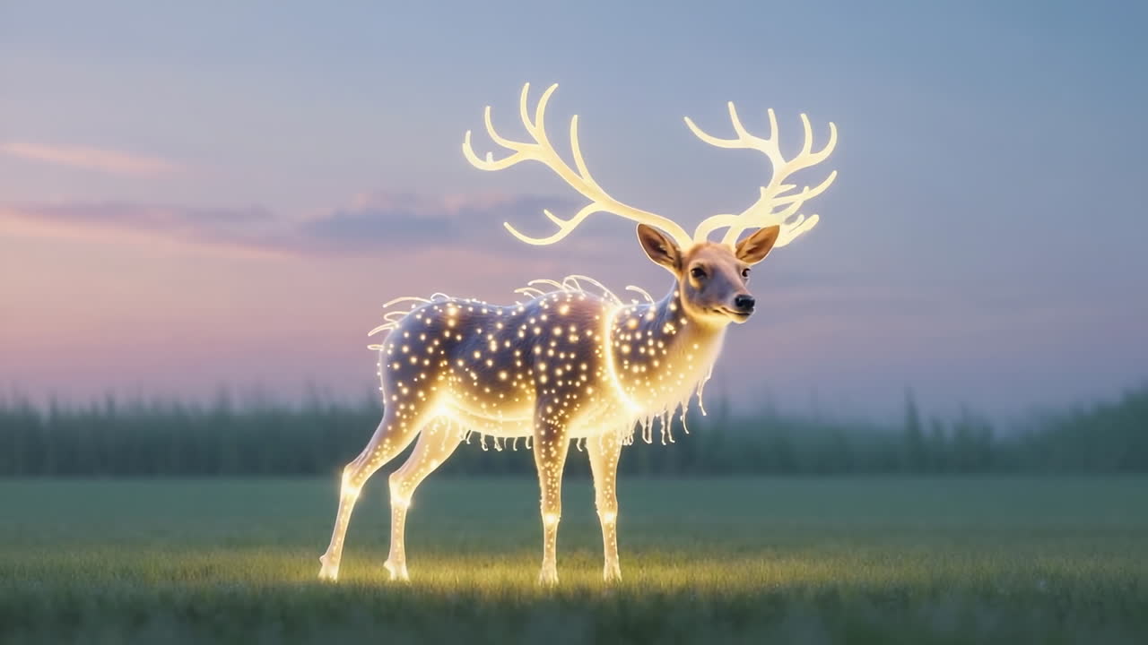 A luminous, glowing deer standing in a field at dusk
