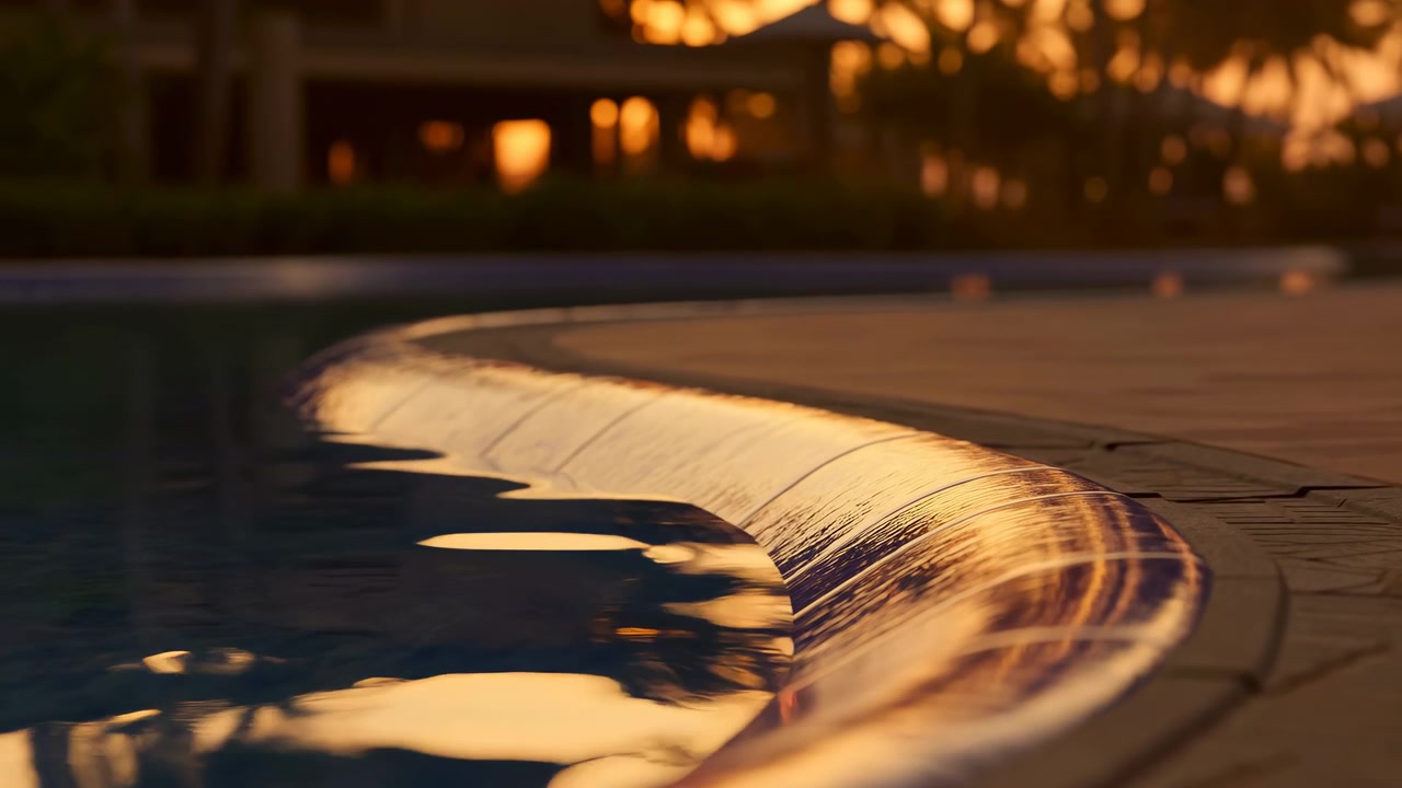Primo piano basso vicino all'acqua mostra il bordo curvo della piscina dove un sottile velo d'acqua scorre delicatamente oltre il bordo nella piscina, catturando i caldi riflessi del tramonto, riflessi lucidi, un'atmosfera di lusso all'aperto e calma