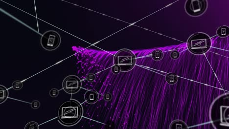 Animation-of-network-of-connections-over-purple-energy-on-black-background