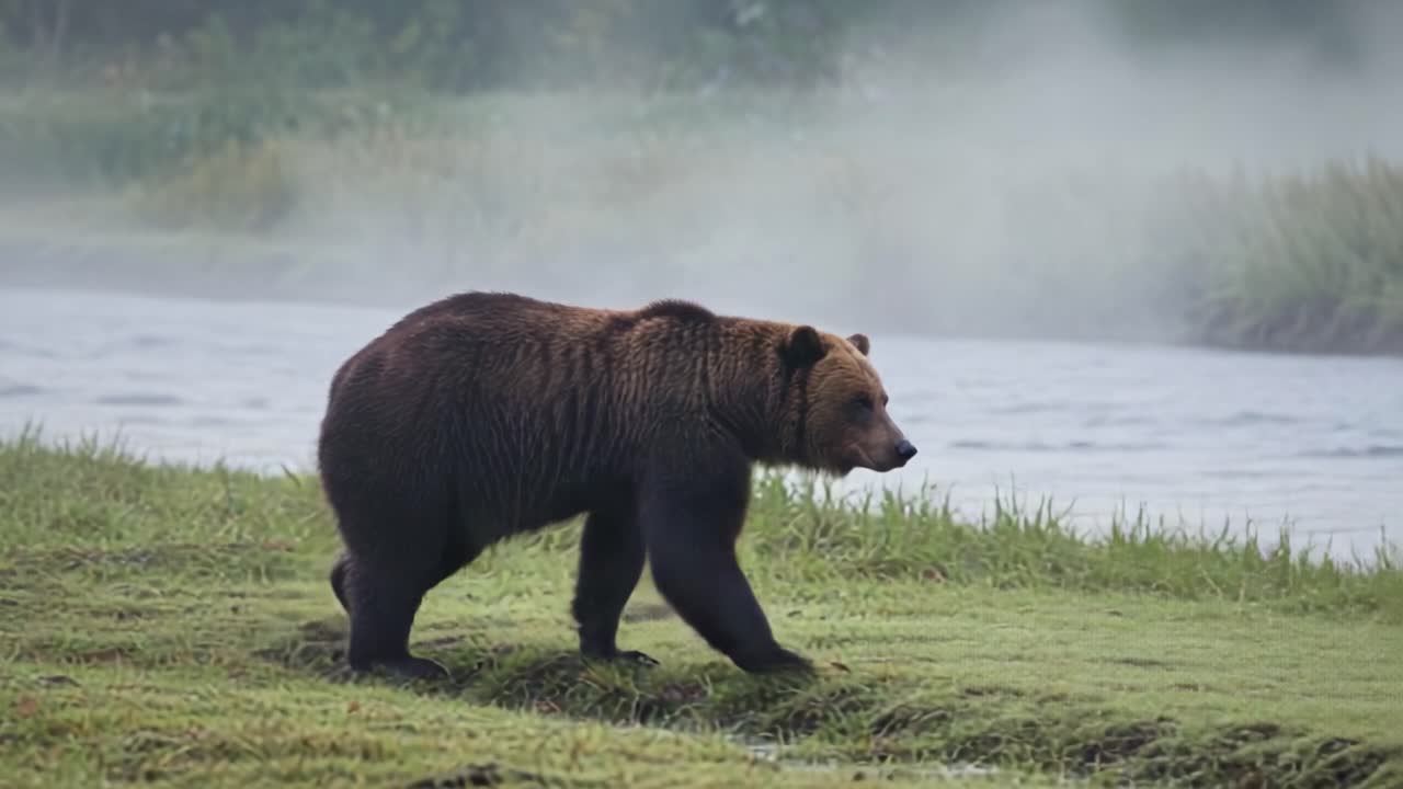 Grizzly Bear Walking Along a Misty River Bank