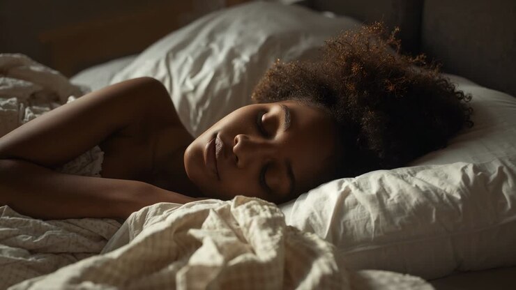 Luce calda laterale che si sposta sul viso, donna addormentata che respira su un letto a casa con cuscino bianco