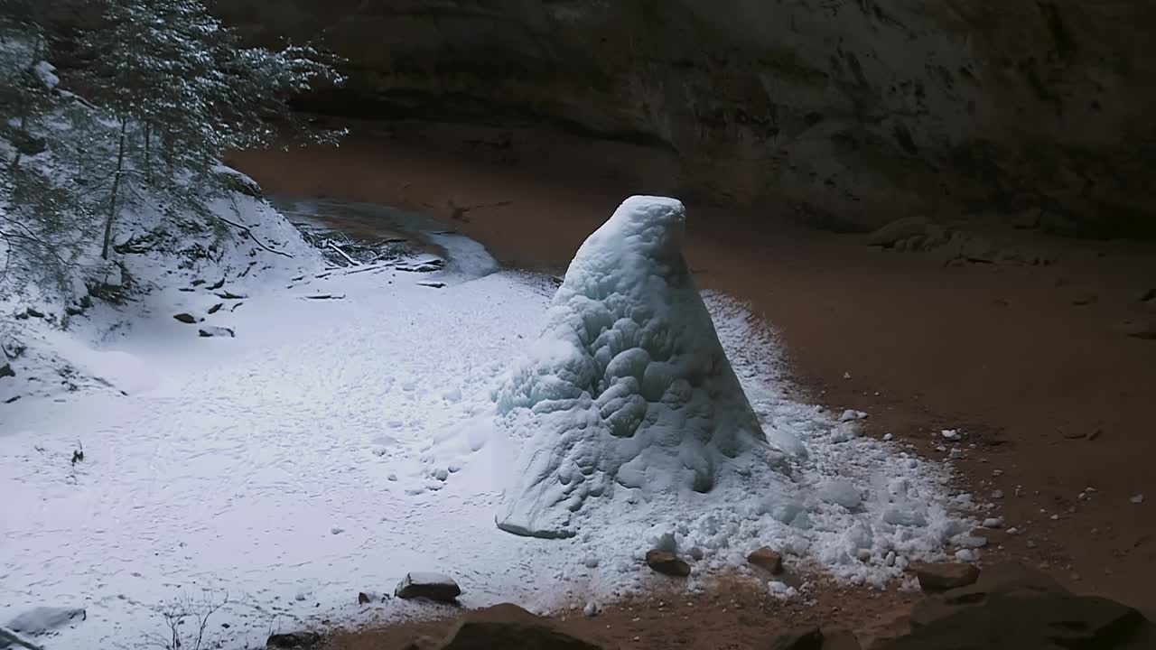 cono de hielo rodeado de nieve en la cueva de cenizas, parque estatal hocking hills, south bloomingville, ohio