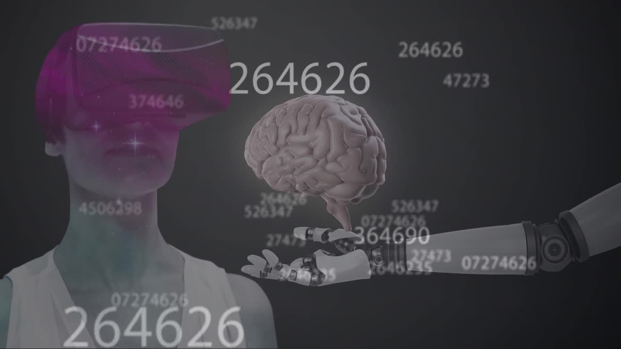 Animation of numbers changing, human brain over robot's arm and woman wearing vr headset