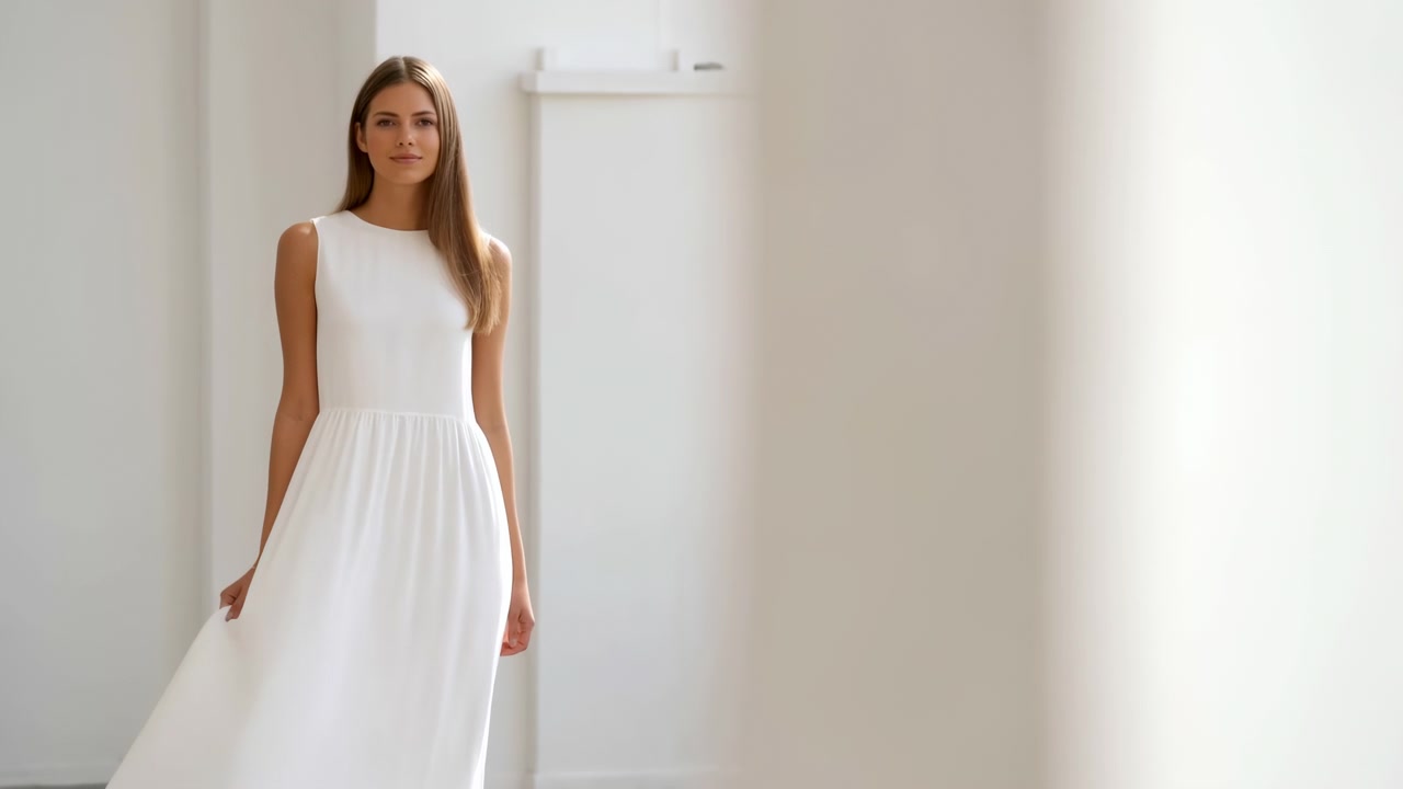 Mujer con vestido blanco de pie inmóvil con ligero movimiento, en un espacio interior luminoso y minimalista, con vestido blanco, columnas, con tela para el vestido, textura de columnas de hormigón o yeso, detalle claro.