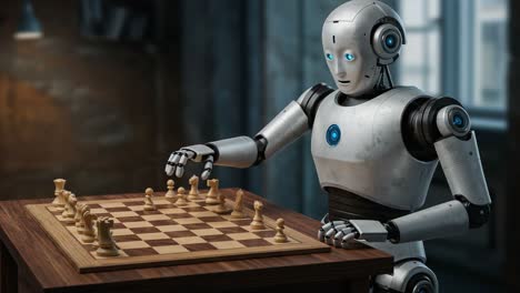a futuristic robot deeply engaged in a strategic game of chess, showcasing advanced artificial intelligence and intricate design, set against a moody, atmospheric backdrop