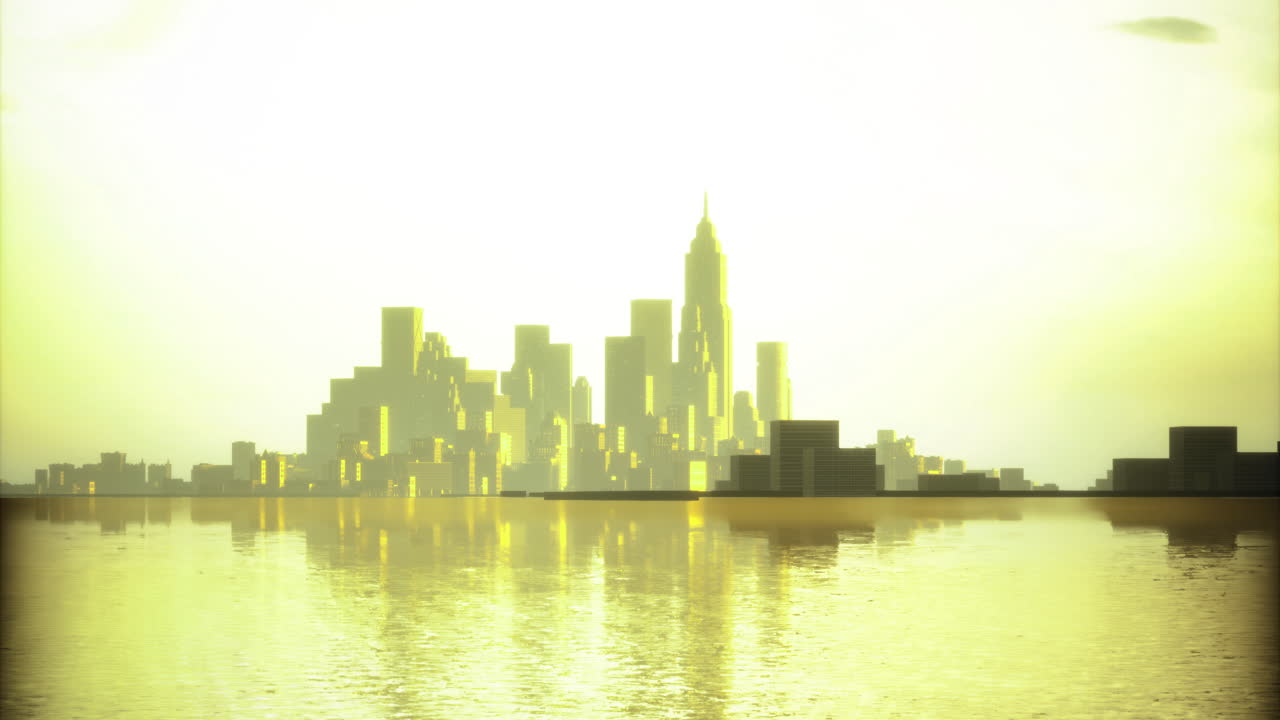 City skyline reflected in water at sunset with warm golden tones