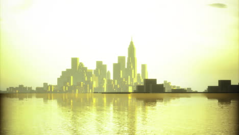 City skyline reflected in water at sunset with warm golden tones