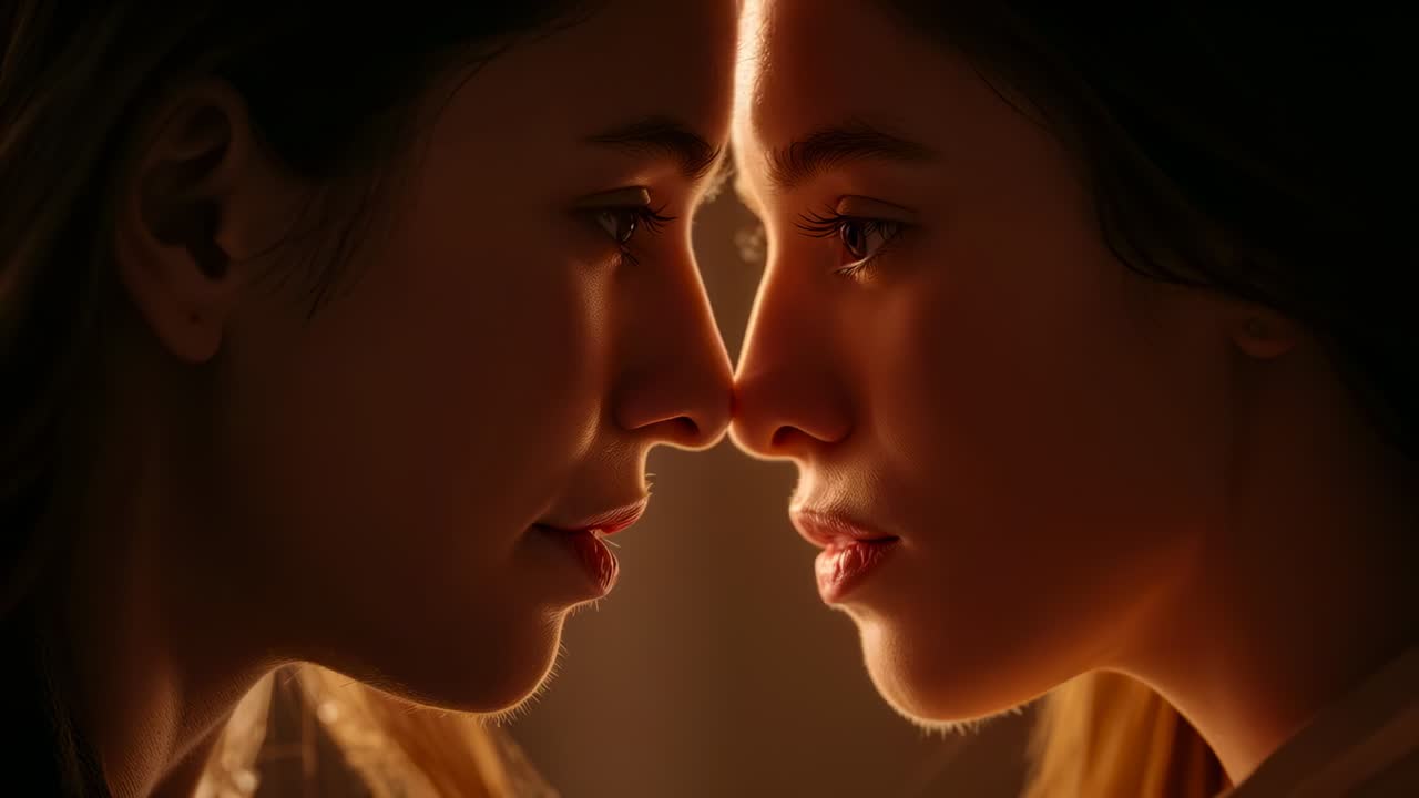 Holding two Asian women bringing foreheads in warm room, hand moving soothing tearful right woman