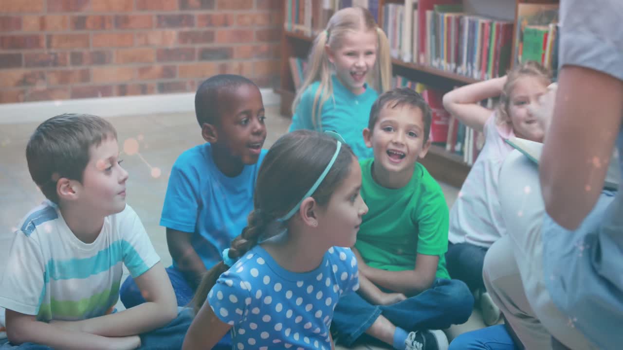 Animation of falling network of connections over diverse students in class at school