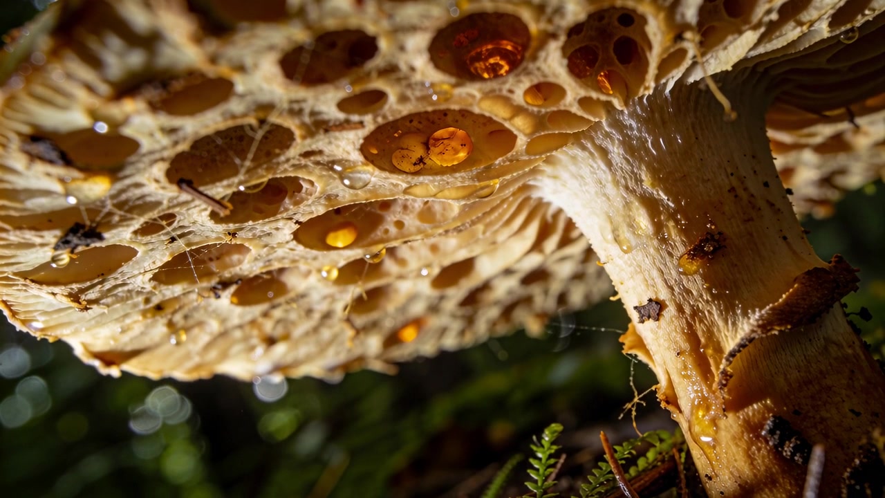 Luz solar revelando cogumelo poróide liberando gotas âmbar por gutação em chão musgoso, com teia de aranha.