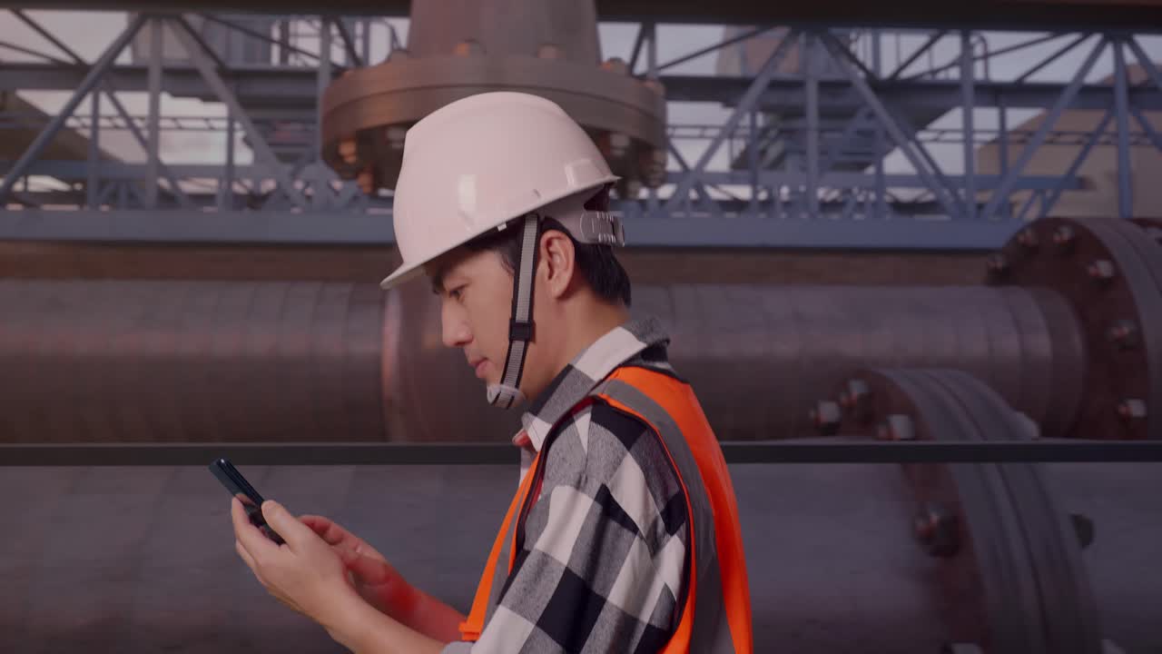 Vista lateral de engenheiro asiático usando smartphone enquanto caminha com uma rede de tubulações industriais ao pôr do sol.