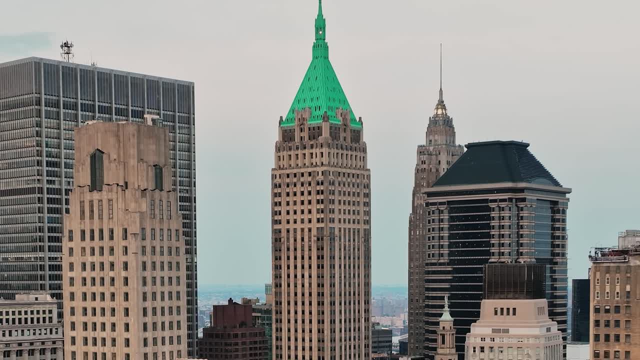 Drone view showcasing iconic skyscrapers in New York City skyline