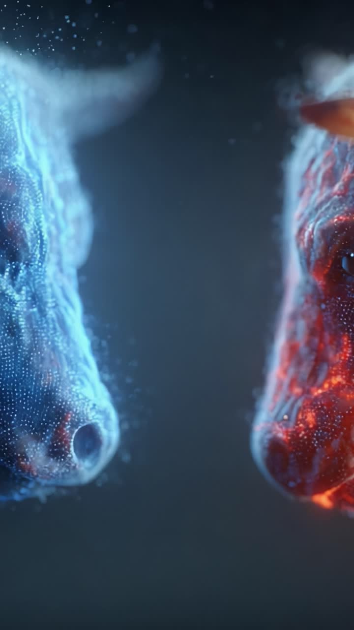 Una straordinaria rappresentazione visiva della dualità: due tori astratti illuminati in blu e arancione, impegnati in un simbolico confronto di contrasto e dinamiche di colore
