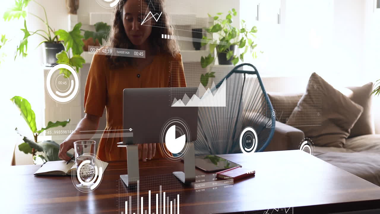 Animation of financial data processing over caucasian woman using laptop