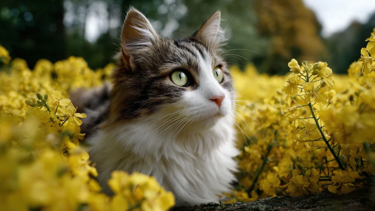 A Curious Cat Resting Among Vibrant Yellow Flowers, Capturing the Serenity and Beauty of Nature in a Peaceful Moment