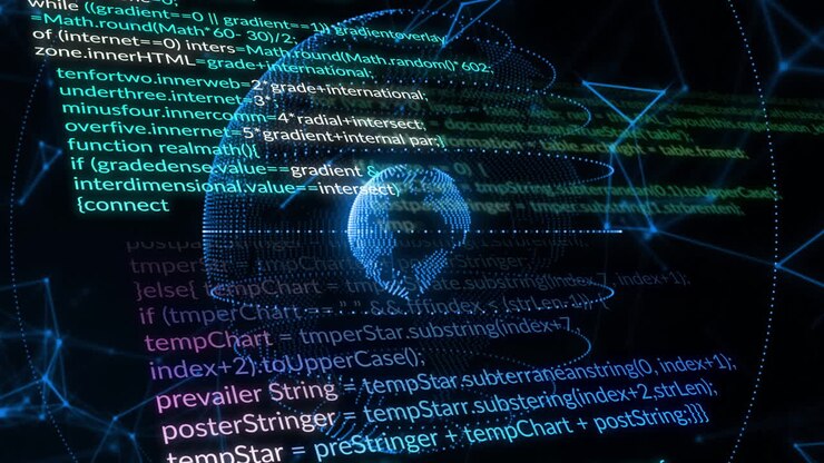 Programming code animating over digital globe on dark background