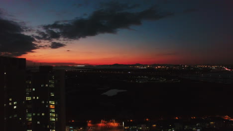 songdo's apartment drone shot, drones passing between apartments,sunset