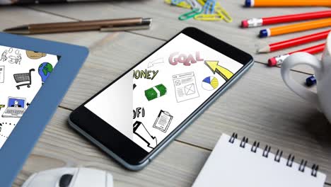 animation of financial data processing over business icons on smartphone screen