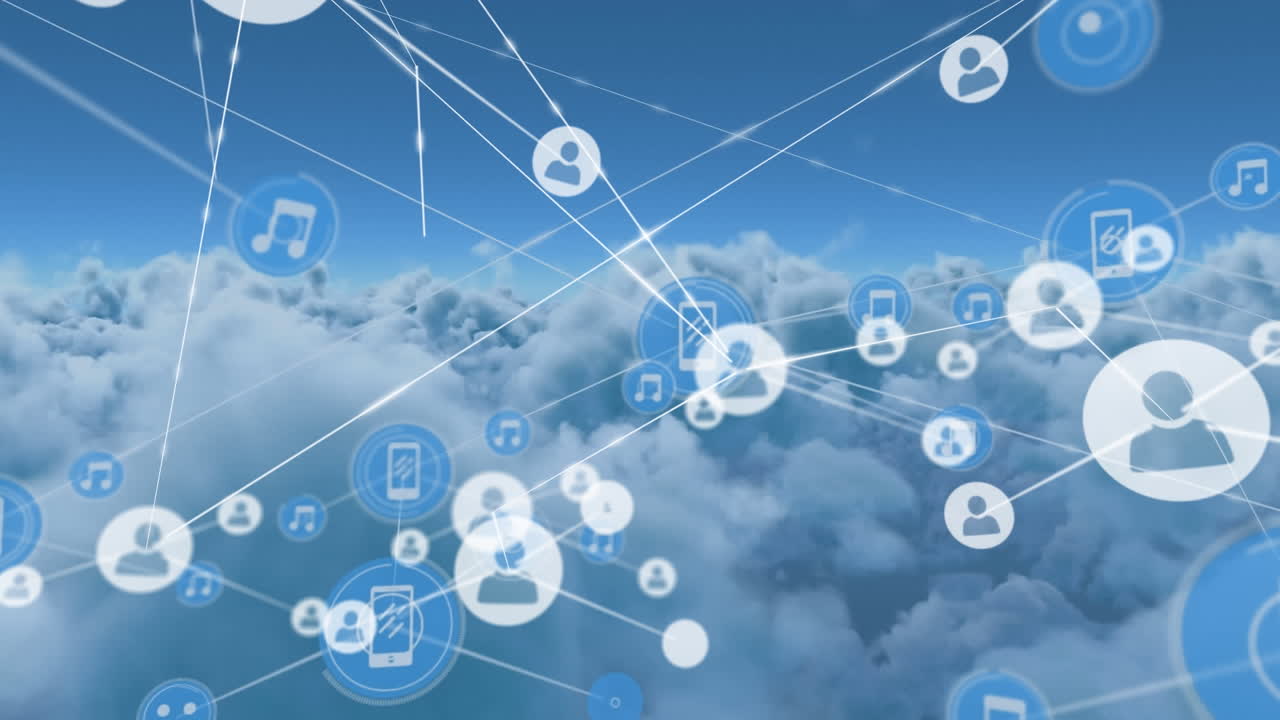 Animation of network of connections with digital icons over clouds