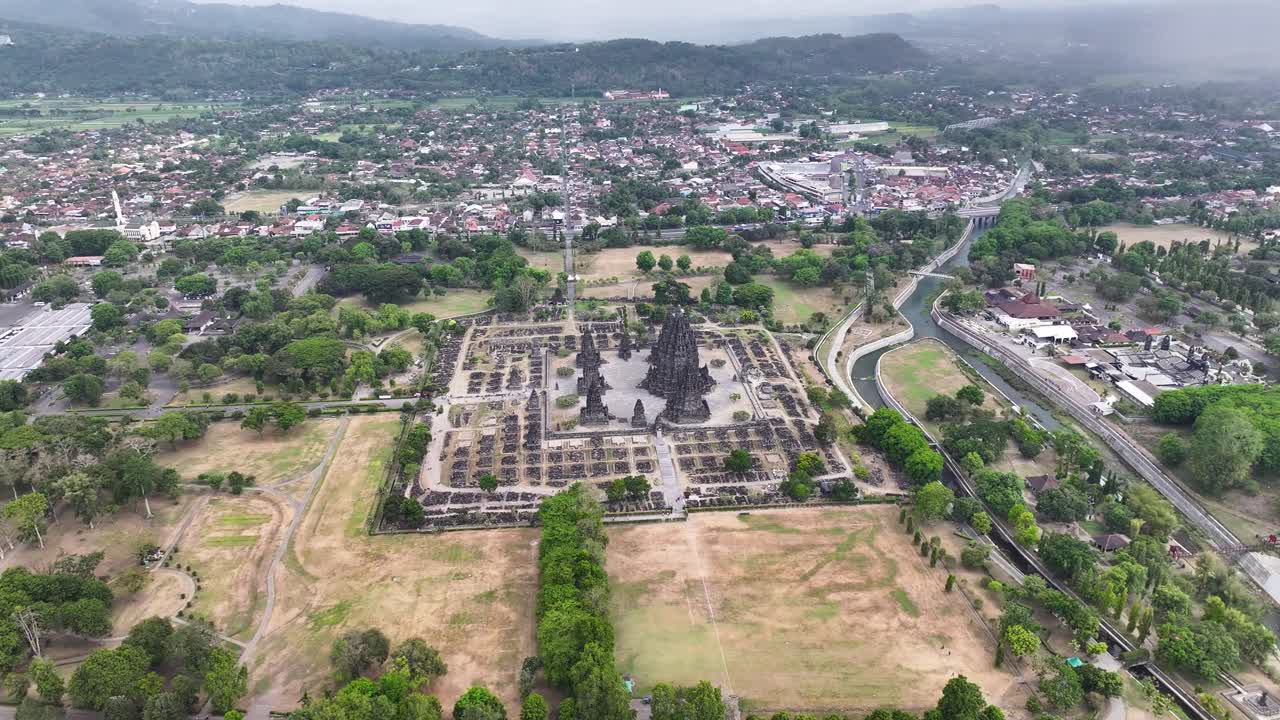 Drone view of Prambanan Temple and surroundings of Yogyakarta, Central Java, Indonesia.