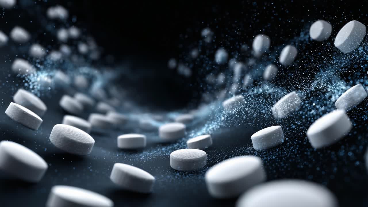 A mesmerizing visual of white tablets swirling in a cosmic setting, with sparkling particles creating a sense of motion and depth, illustrating the interplay between medicine and energy