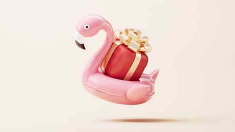animación de bucle de anillo de natación de globo de flamenco y caja de regalos, renderización en 3d.