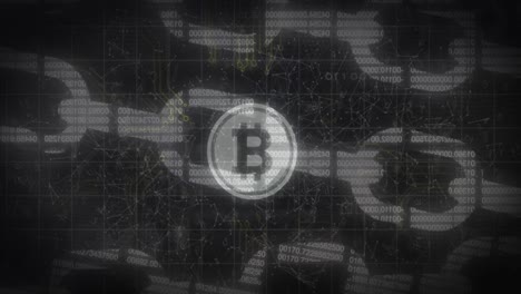 Security-chain-icon-and-bitcoin-symbol-over-network-of-connections-against-black-background