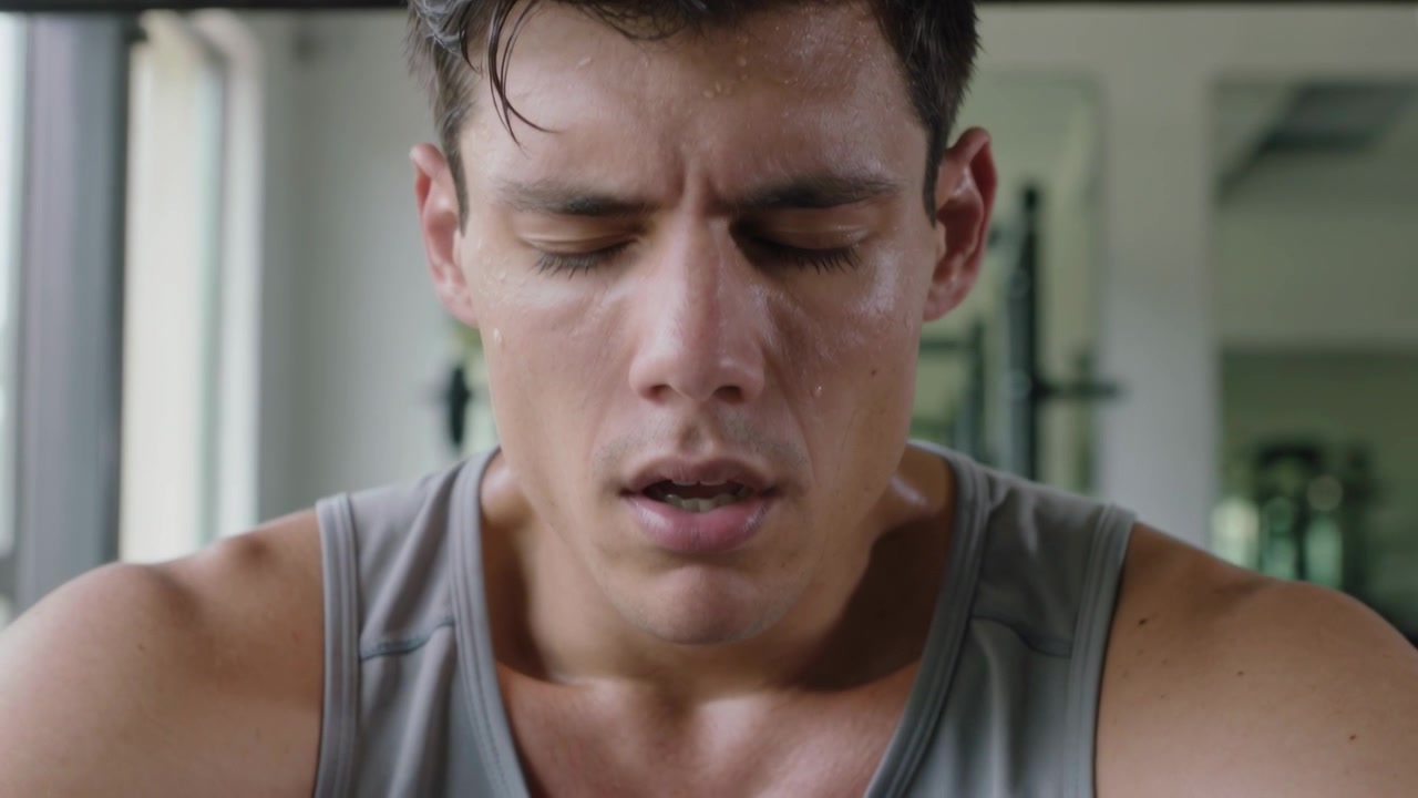 Finishing heavy set, fit man wearing gray tank top breathing and recovering by gym window sweating