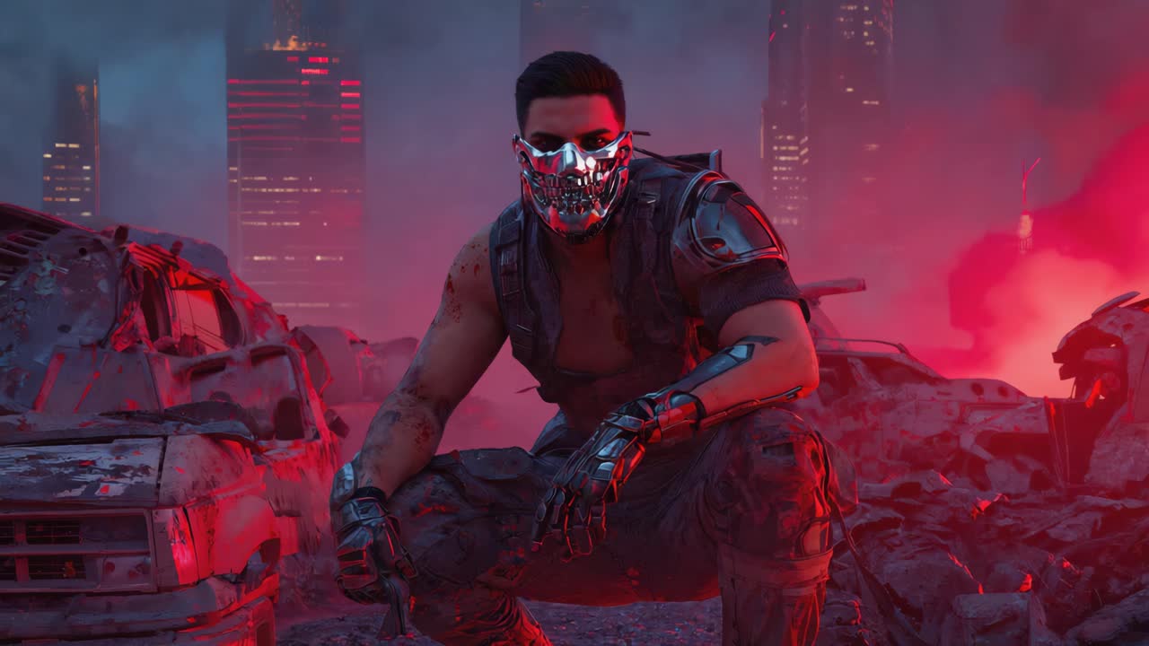 Guerriero cyberpunk tra le rovine di una città distopica