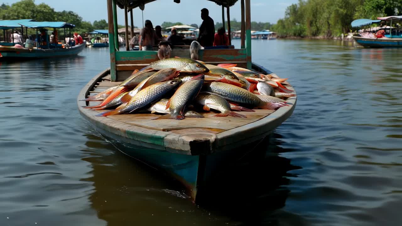 Startender Motor, ein Pilot steuert ein Holzboot auf dem See in Richtung Kamera und liefert einen Stapel Fisch zum Markt