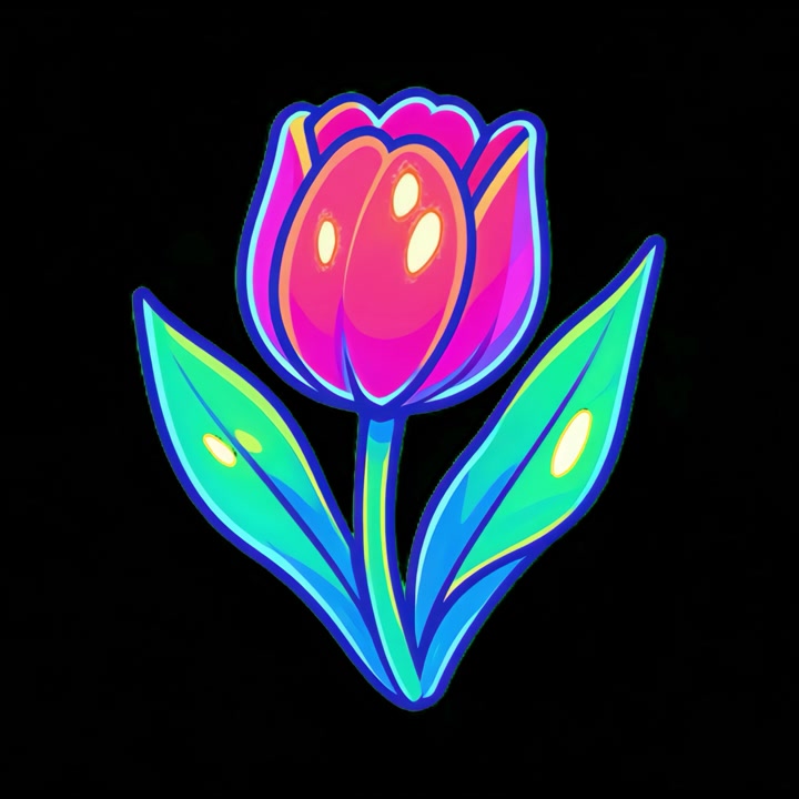 Neon Glowing Tulip Illustration on Black Background