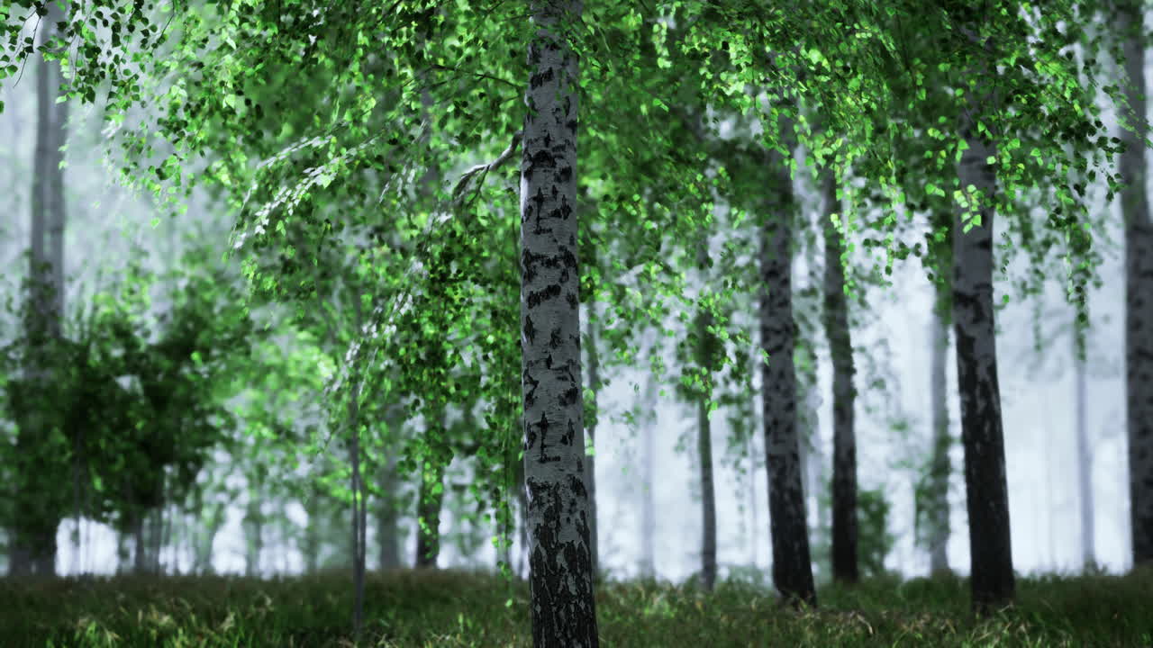 Alberi verdi lussureggianti in una foresta tranquilla durante una giornata nebbiosa
