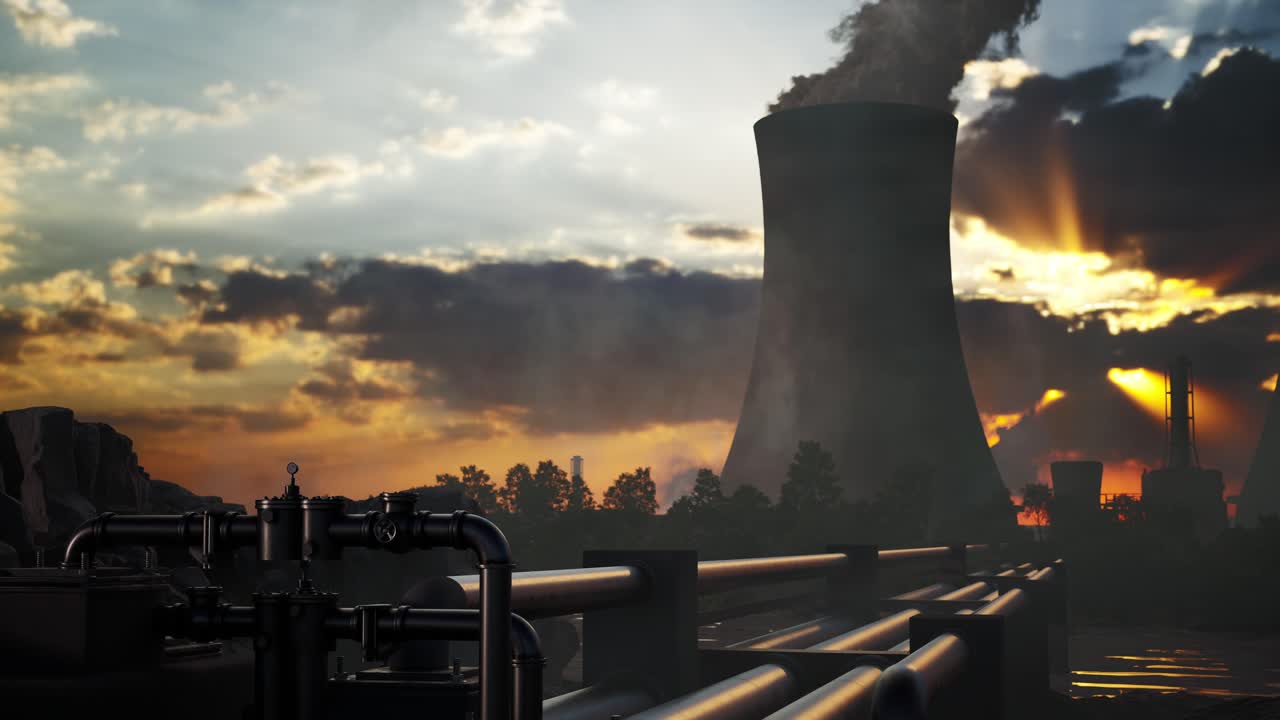 Tube With Steaming Cooling Towers Of Nuclear Power Plant
