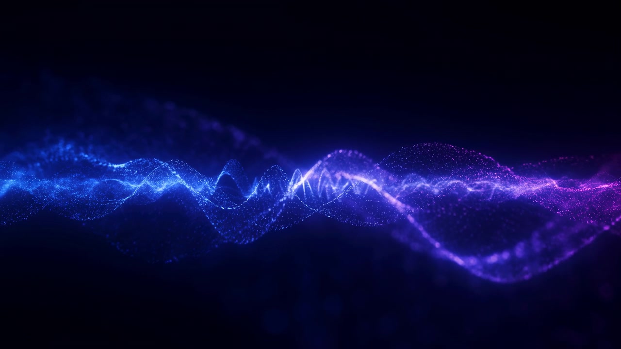 Dense ribbon of emissive particles flows across lower area of wide dark scene, forming layered sinuous ridges and peaks with electric blue tones shifting through violet into magenta, creating vivid