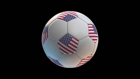 soccer ball with flag united states, on black background loop alpha. 3d rendering