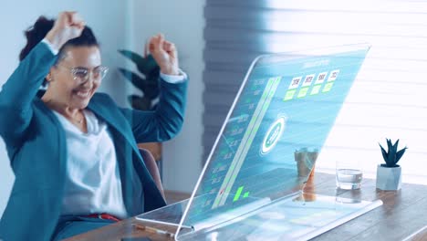 comerciante de criptomonedas mujer mirando una computadora de pantalla transparente y se regocija porque el precio se elevó. concepto de éxito en criptomonedas y mercado de valores. gráfico de mercado de valores