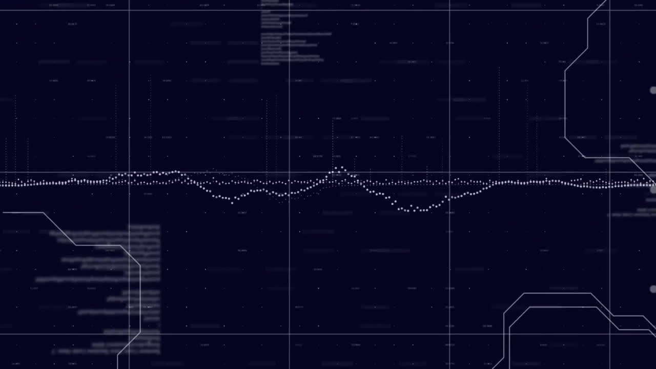 Animation of financial data processing over grid on dark background