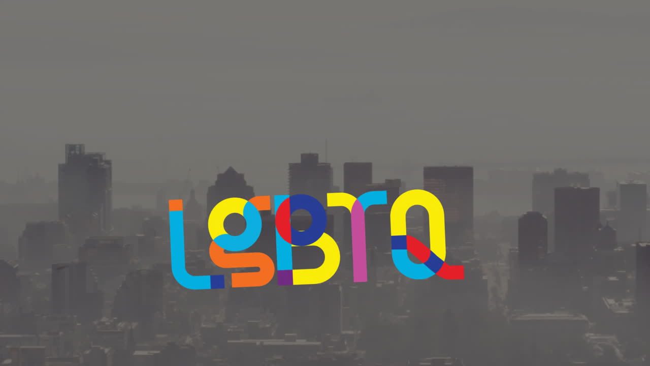LGBTQ text animation over city skyline background