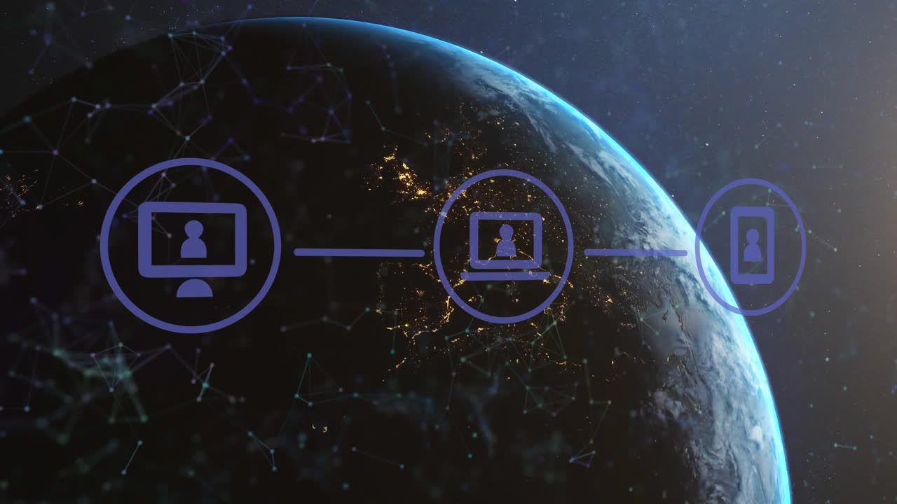 animación de la red de conexiones con iconos digitales en todo el mundo