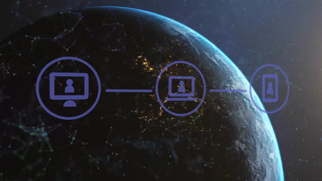 animación de la red de conexiones con iconos digitales en todo el mundo