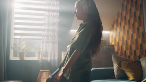 kid dancing in a cozy retro living room