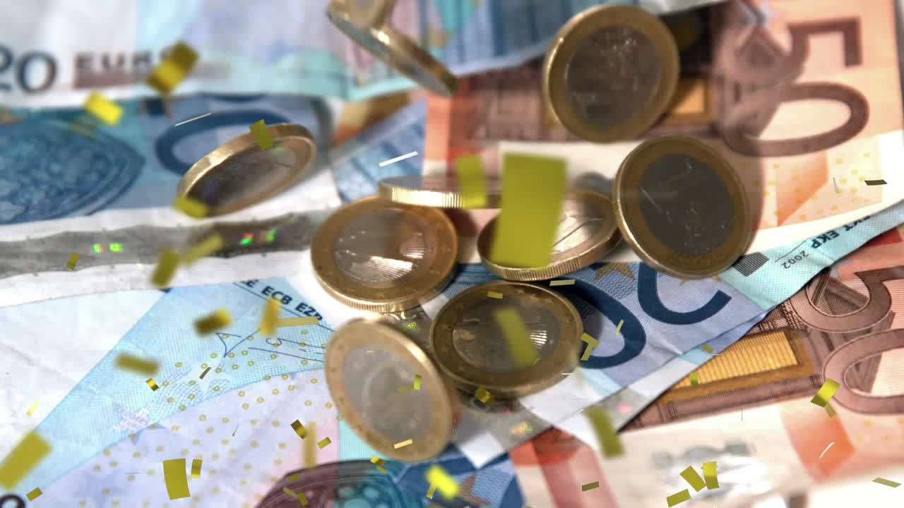 animación de confeti y monedas de euro que caen sobre billetes de moneda en euros en el fondo