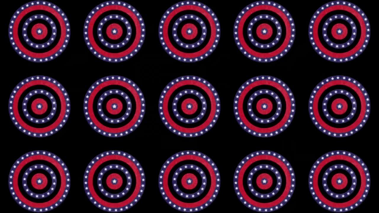 animación de círculos de ee.uu. paquete de 5 texto en filas de círculos girando con estrellas de la bandera estadounidense