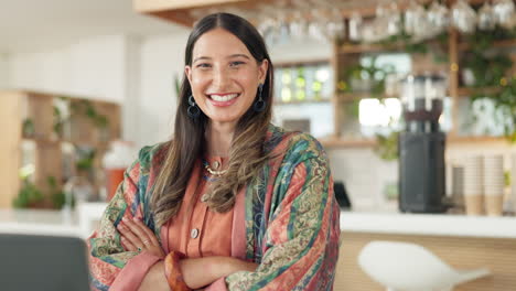 Laughing-woman,-face-or-arms-crossed-in-cafe