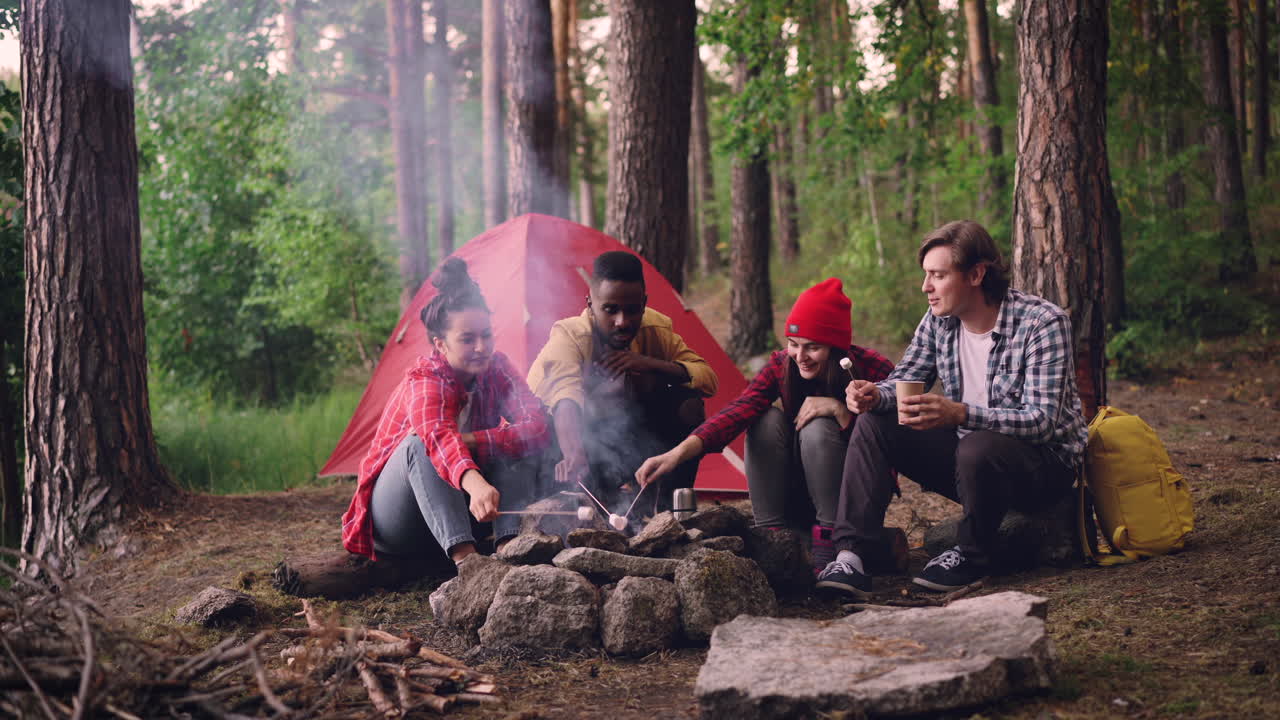Friends roasting marshmallows by a campfire in the forest